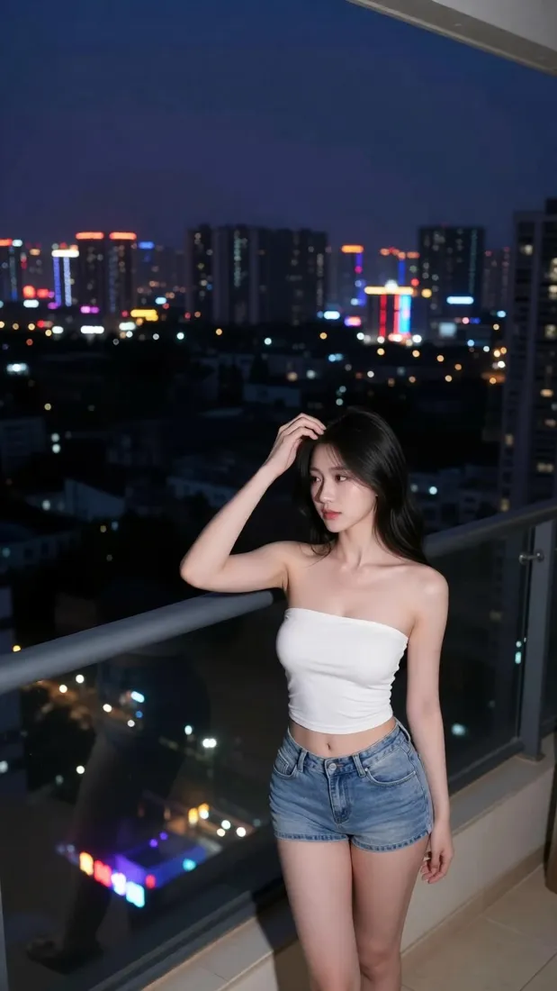 气质美女手机壁纸｜城市夜景阳台背景图片 - 简约穿搭「哲风壁纸」