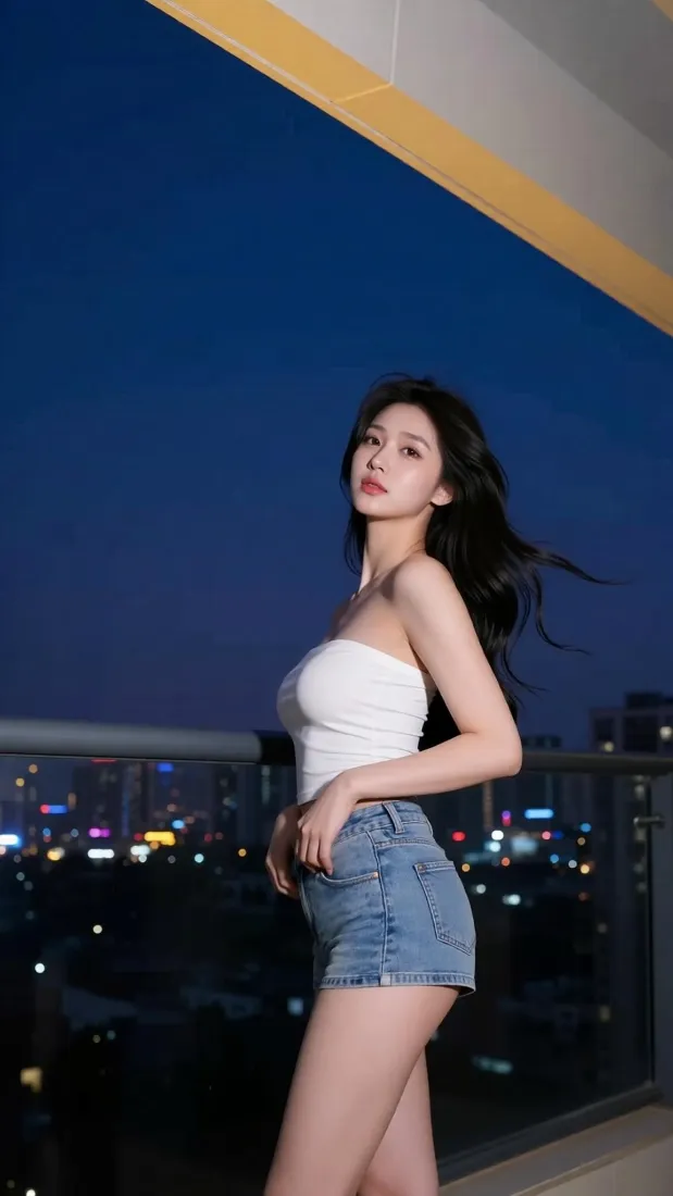 长发美女手机壁纸｜城市夜景背景图片 - 露台时尚写真「哲风壁纸」