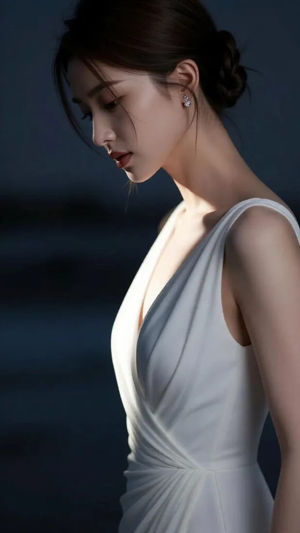 气质美女手机壁纸｜白色吊带裙背景图片 - 暗调光影写真「哲风壁纸」