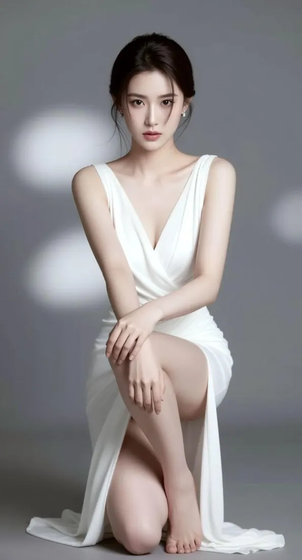 气质美女手机壁纸｜灰色光影背景图片 - 白色长裙优雅写真「哲风壁纸」