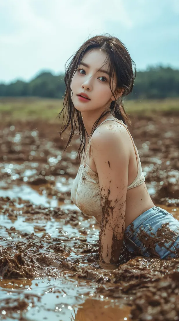 湿发美女手机壁纸｜郊野泥潭背景图片 - 氛围感写真「哲风壁纸」