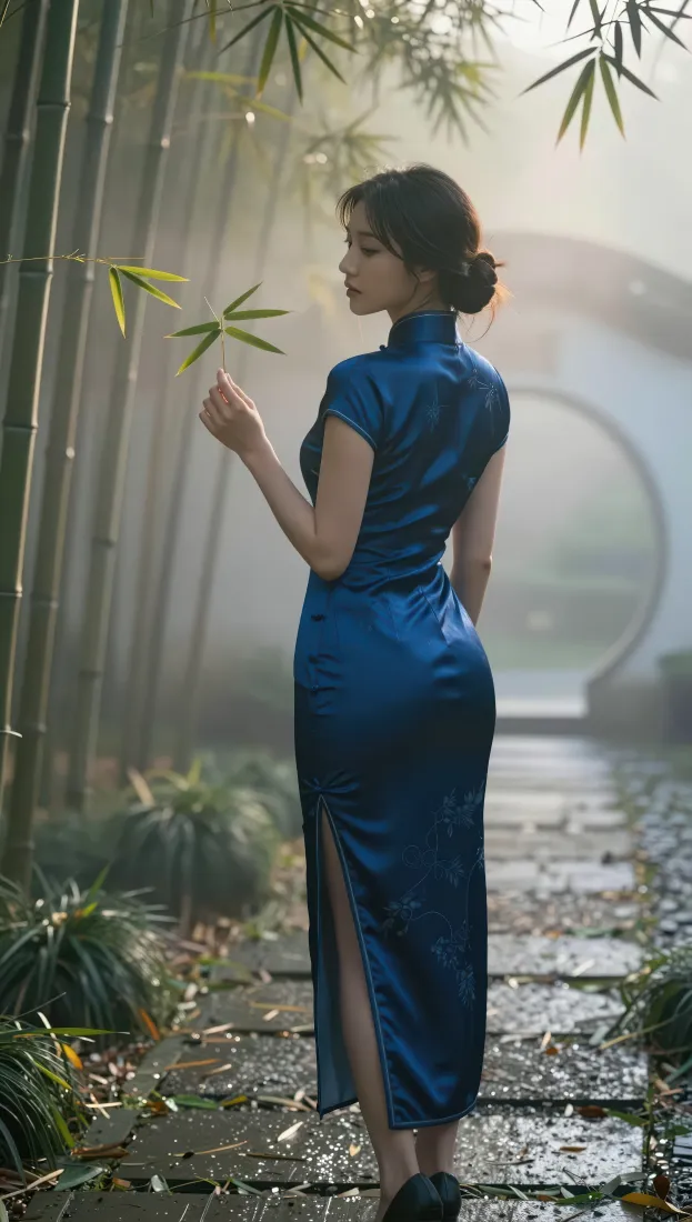 蓝色旗袍美女手机壁纸｜中式园林竹林背景图片 - 国风氛围感人像「哲风壁纸」