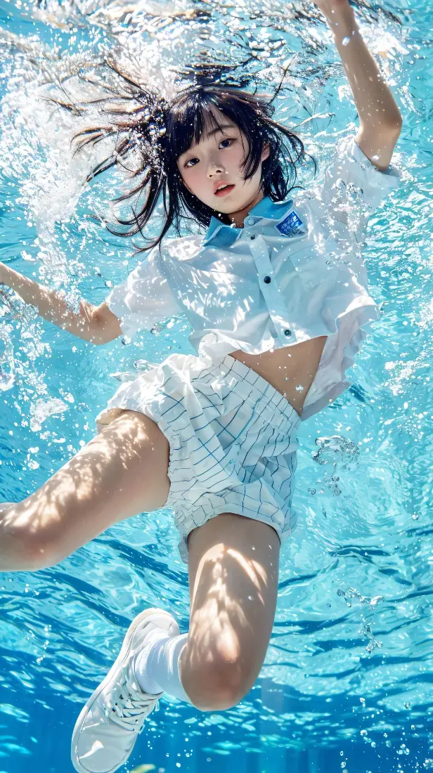 JK少女手机壁纸｜水下泳池背景图片 - 夏日清爽氛围感写真「哲风壁纸」