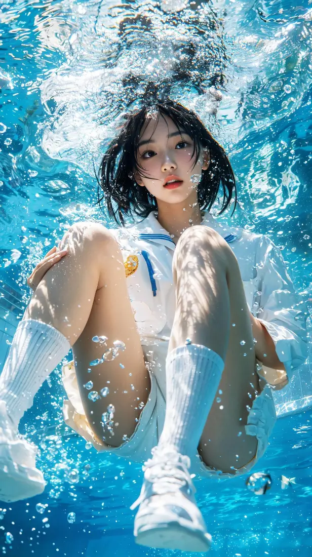 水下短发少女手机壁纸｜蓝色水底背景图片 - 清新夏日人像「哲风壁纸」