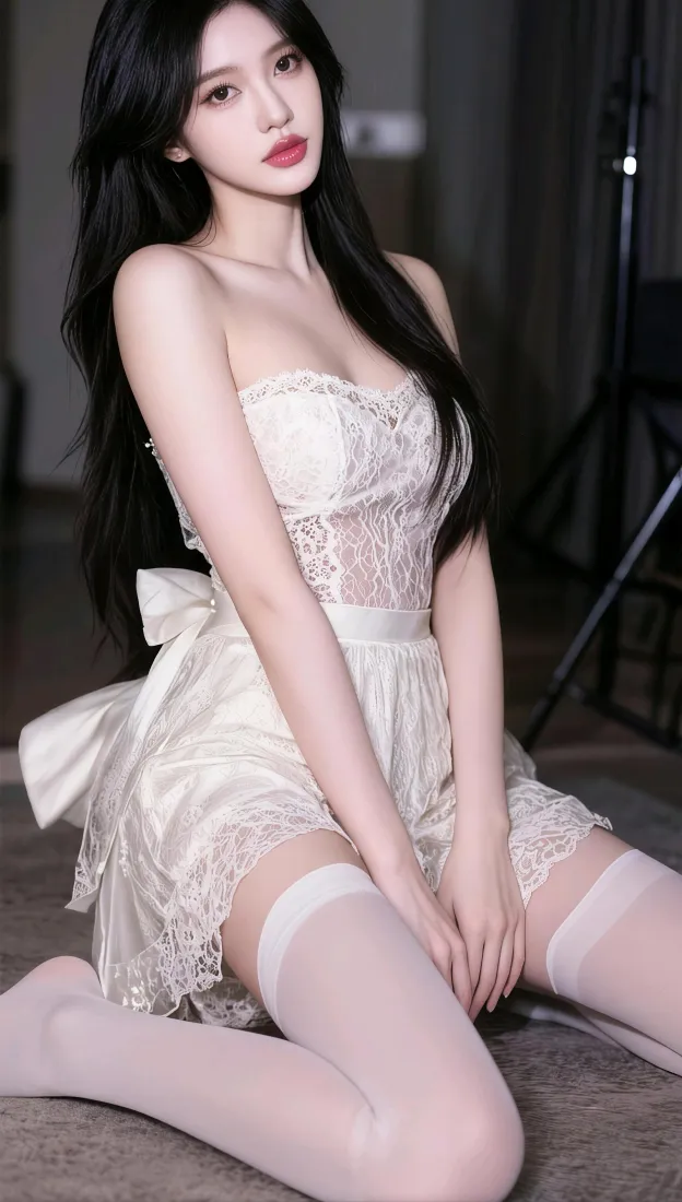 黑长直美女手机壁纸｜白色蕾丝裙室内背景图片 - 白丝时尚写真「哲风壁纸」