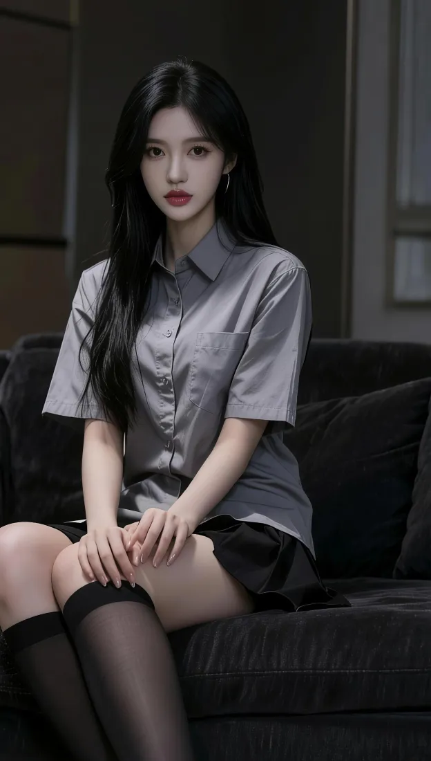 气质美女手机壁纸｜沙发坐姿背景图片 - 灰衬衫黑丝穿搭「哲风壁纸」