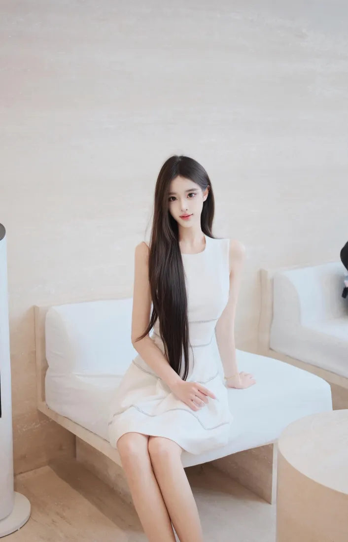 长发美女手机壁纸｜简约室内背景图片 - 白色连衣裙穿搭「哲风壁纸」