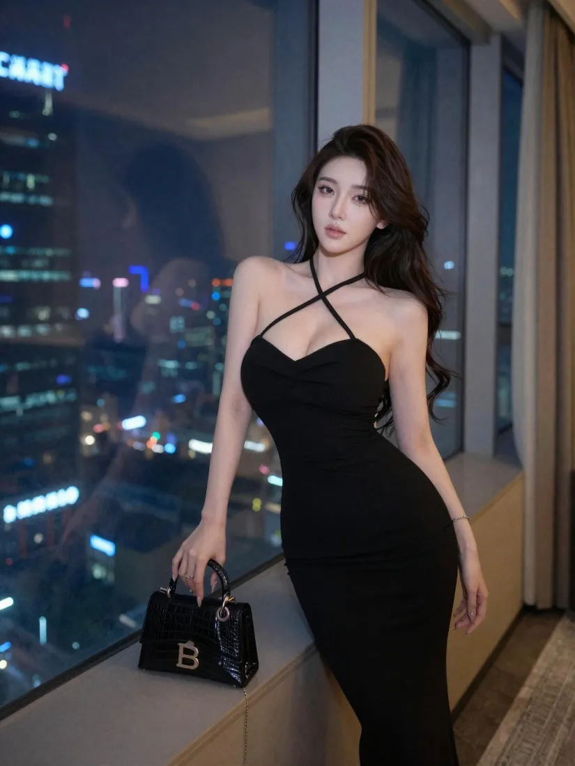 气质美女手机壁纸｜城市夜景背景图片 - 黑色长裙穿搭「哲风壁纸」