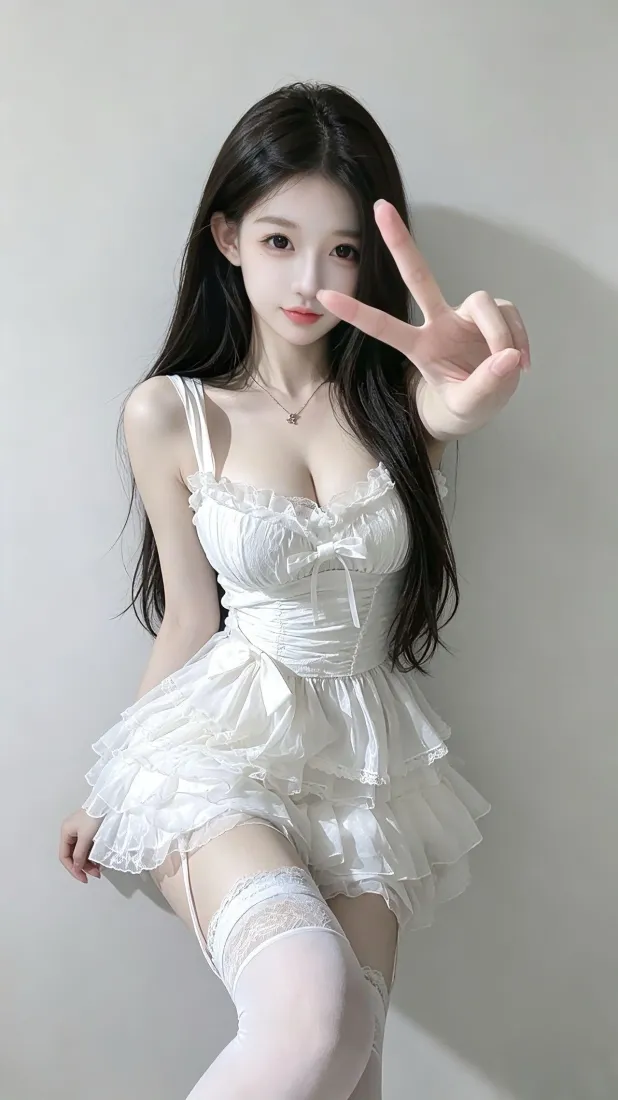 白裙纯欲美女手机壁纸｜浅灰纯色背景图片 - 性感人像写真「哲风壁纸」
