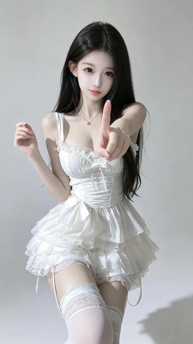 长发白裙美女手机壁纸｜纯色简约背景图片 - 时尚氛围感人像「哲风壁纸」