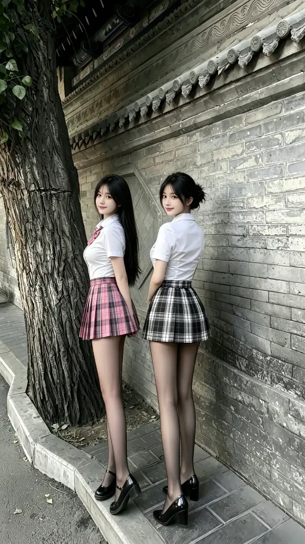 JK姐妹手机壁纸｜老巷砖墙背景图片 - 甜酷少女街拍「哲风壁纸」