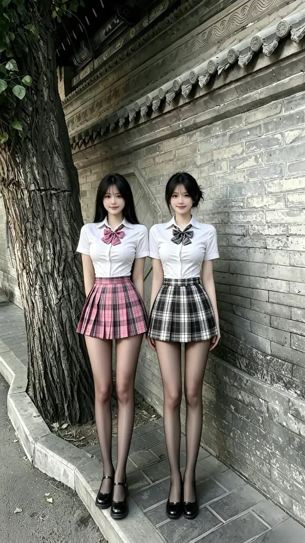 JK制服姐妹手机壁纸｜胡同街景背景图片 - 双人时尚写真「哲风壁纸」