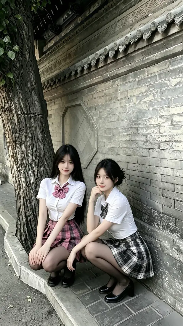 双子JK少女手机壁纸｜古巷砖墙背景图片 - 青春制服写真「哲风壁纸」