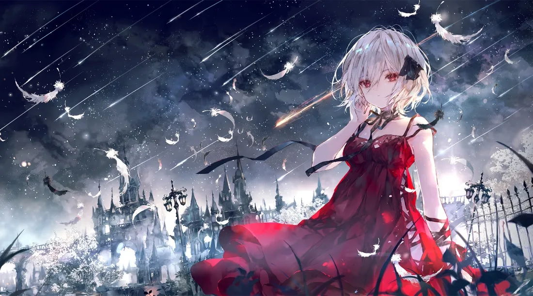 2k银发红裙少女壁纸｜哥特城堡雨夜背景图片 - 二次元插画「哲风壁纸」