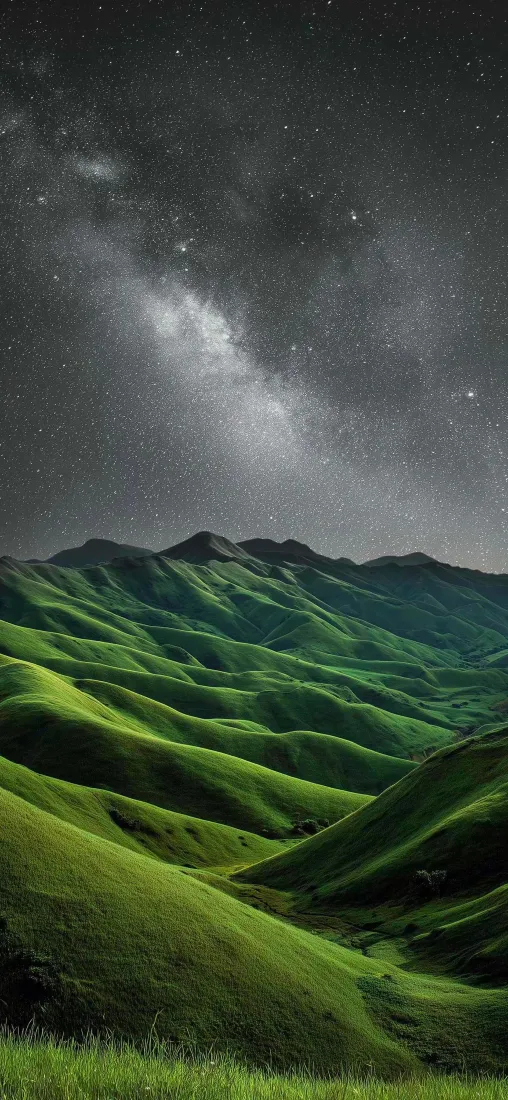 绿色草原山峦手机壁纸｜星空夜色背景图片 - 治愈自然风景「哲风壁纸」