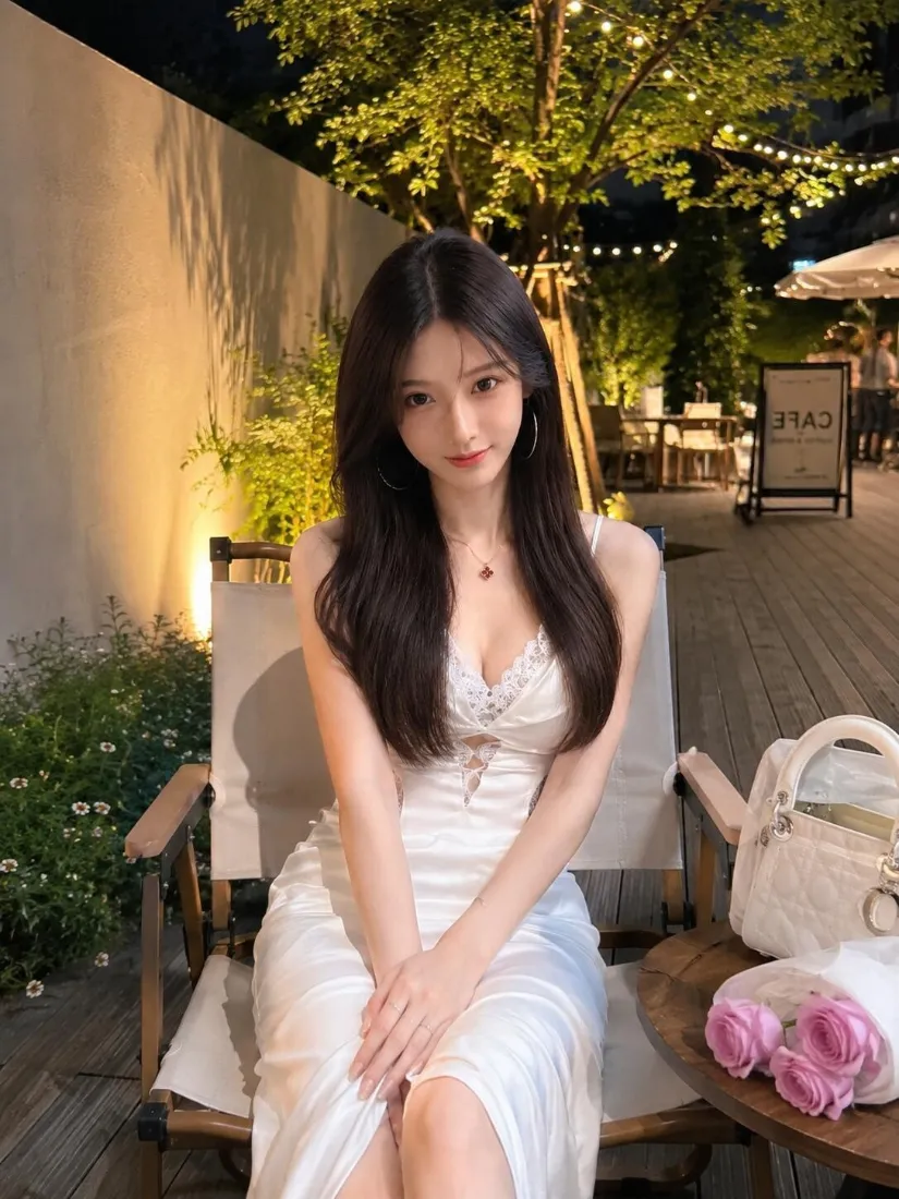 白裙美女手机壁纸｜露台夜景背景图片 - 氛围感写真「哲风壁纸」
