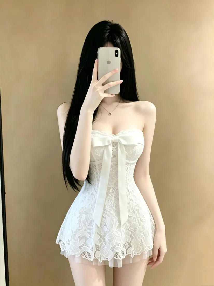 白裙美女手机壁纸｜对镜自拍背景图片 - 纯欲风长发好身材「哲风壁纸」