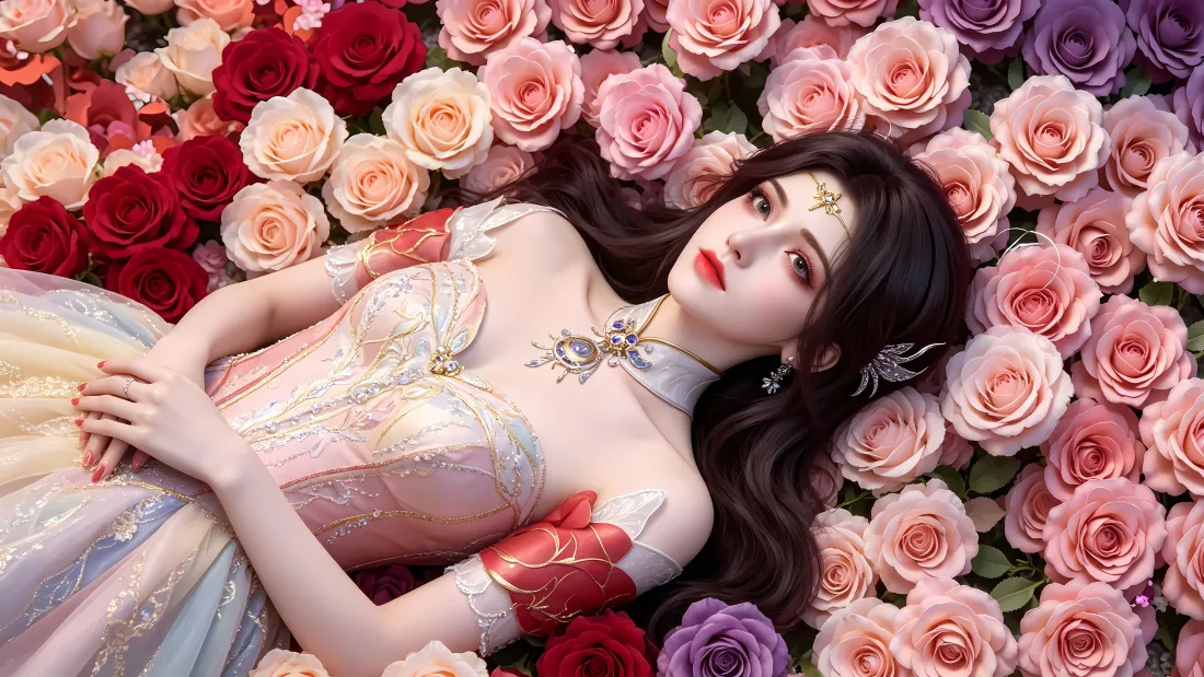 6k玄衣壁纸｜玫瑰花海背景图片 - 斗破苍穹古风美女「哲风壁纸」