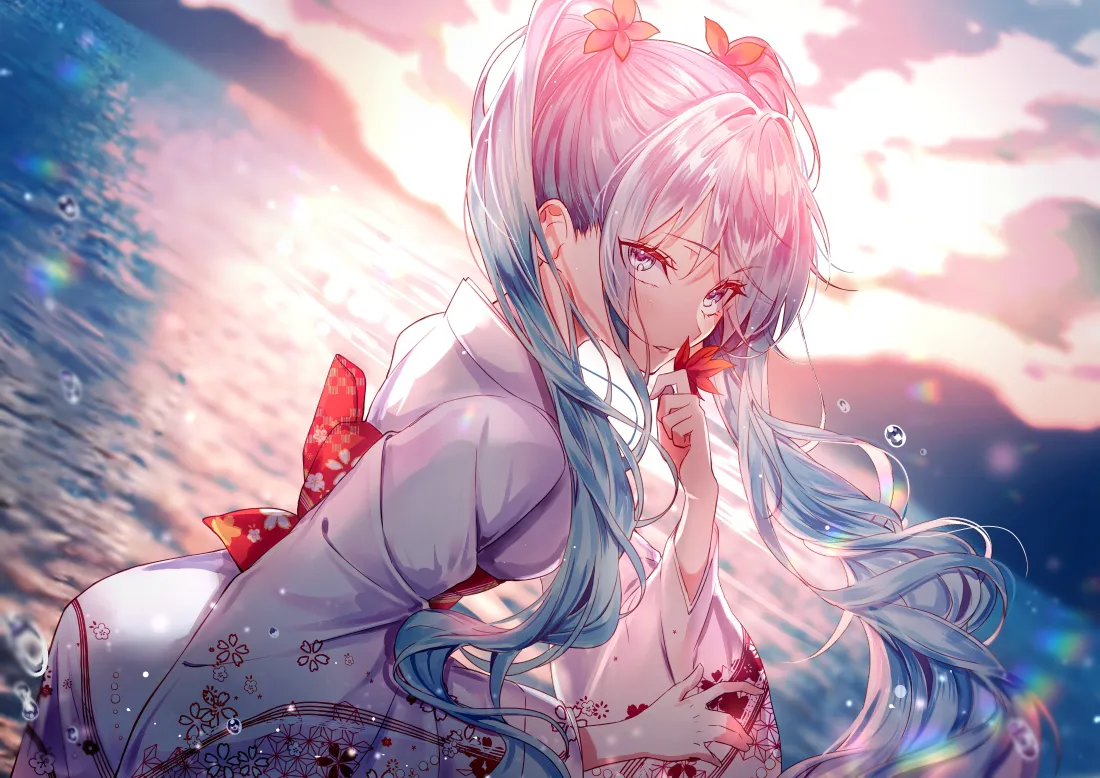 4k和服少女壁纸｜海边晚霞背景图片 - 二次元日系插画「哲风壁纸」