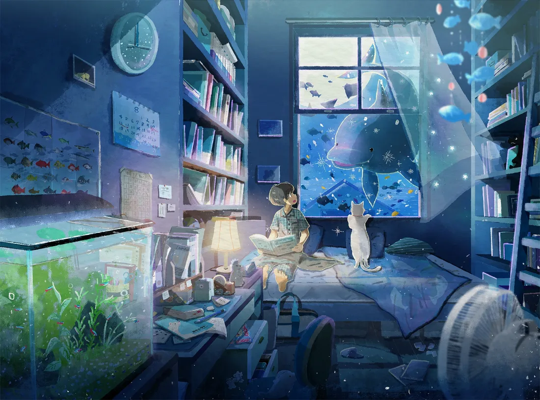 2k二次元奇幻书房壁纸｜海底鲸鱼背景图片 - 治愈风少年猫咪插画「哲风壁纸」