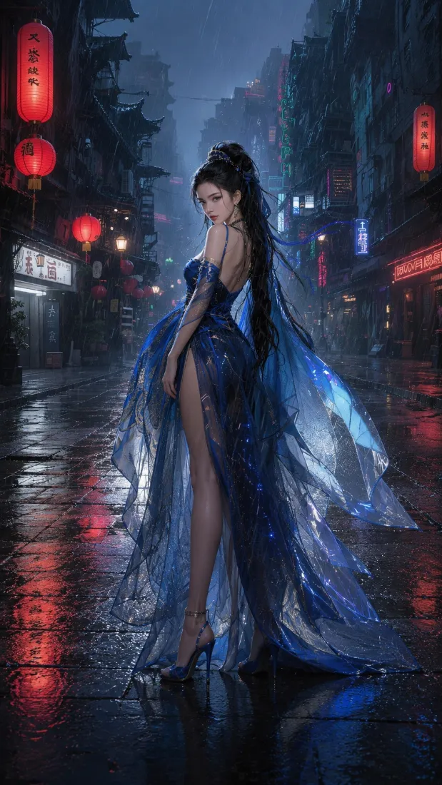 紫蓝礼裙美女手机壁纸｜雨夜古街背景图片 - 氛围感人像「哲风壁纸」