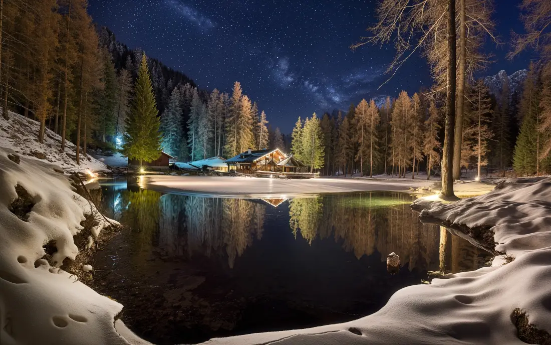 4k冬夜森林雪景壁纸｜湖泊小屋背景图片 - 治愈冬日自然风光「哲风壁纸」
