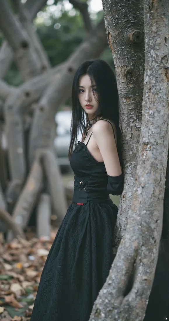 黑裙少女手机壁纸｜户外树林背景图片 - 清冷氛围感人像「哲风壁纸」