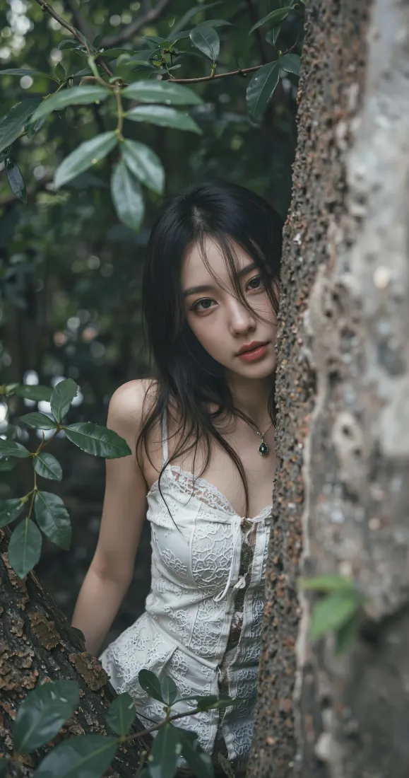 森系少女手机壁纸｜树林绿植背景图片 - 白吊带氛围感写真「哲风壁纸」