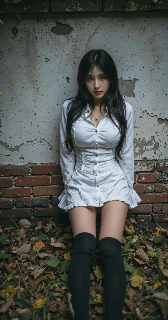 黑长直美女手机壁纸｜老旧砖墙背景图片 - 落叶氛围感写真「哲风壁纸」