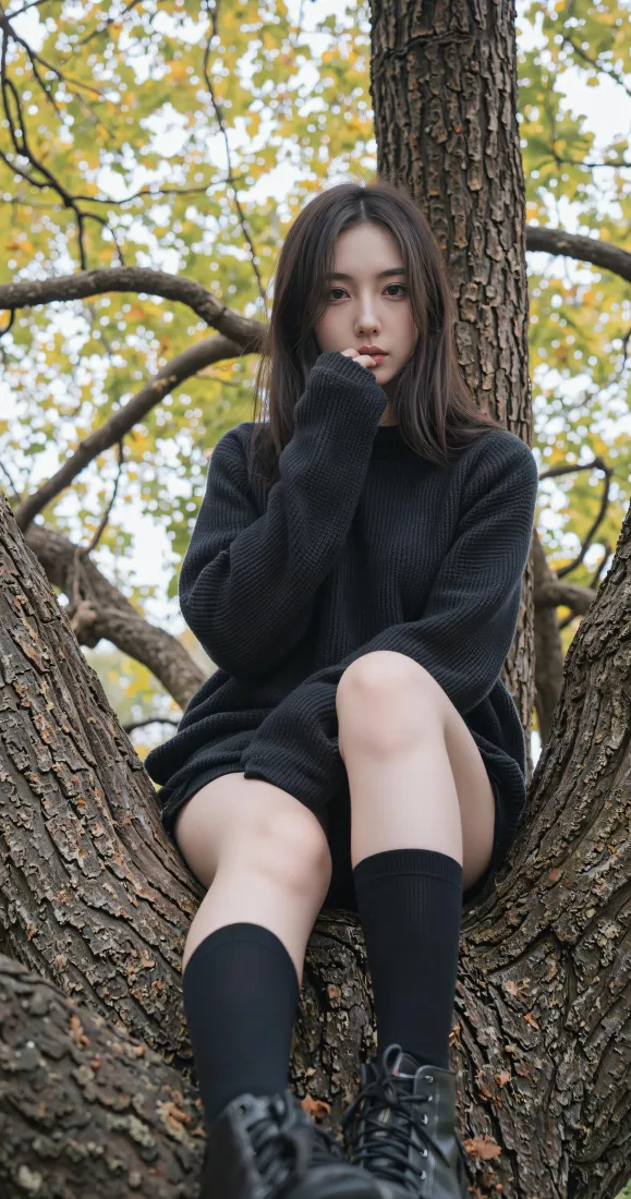 清冷美女手机壁纸｜户外树干背景图片 - 秋季氛围感写真「哲风壁纸」