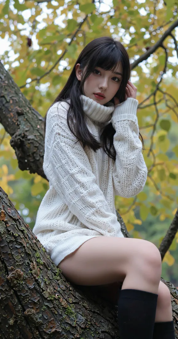白毛衣少女手机壁纸｜秋日树林背景图片 - 户外清新人像「哲风壁纸」