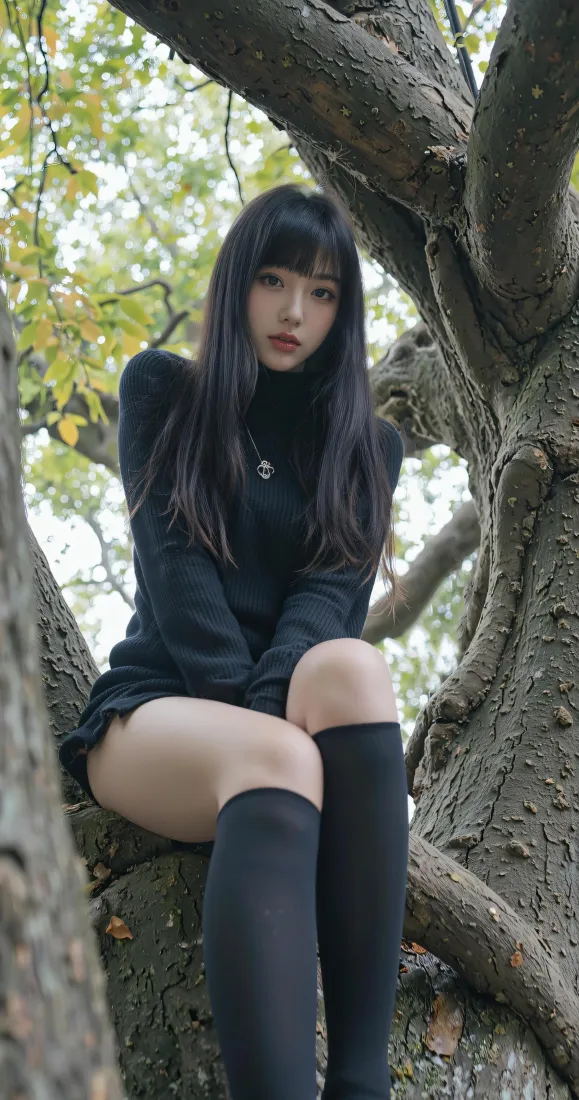黑长直齐刘海美女手机壁纸｜户外大树背景图片 - 长筒袜少女「哲风壁纸」