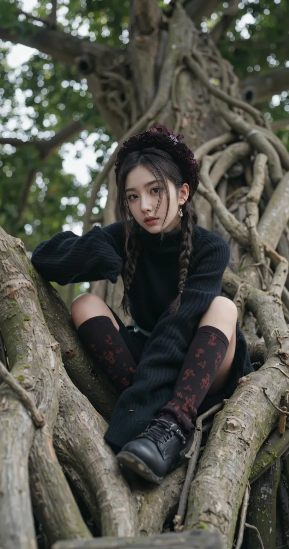 麻花辫少女手机壁纸｜老树根户外背景图片 - 氛围感写真「哲风壁纸」