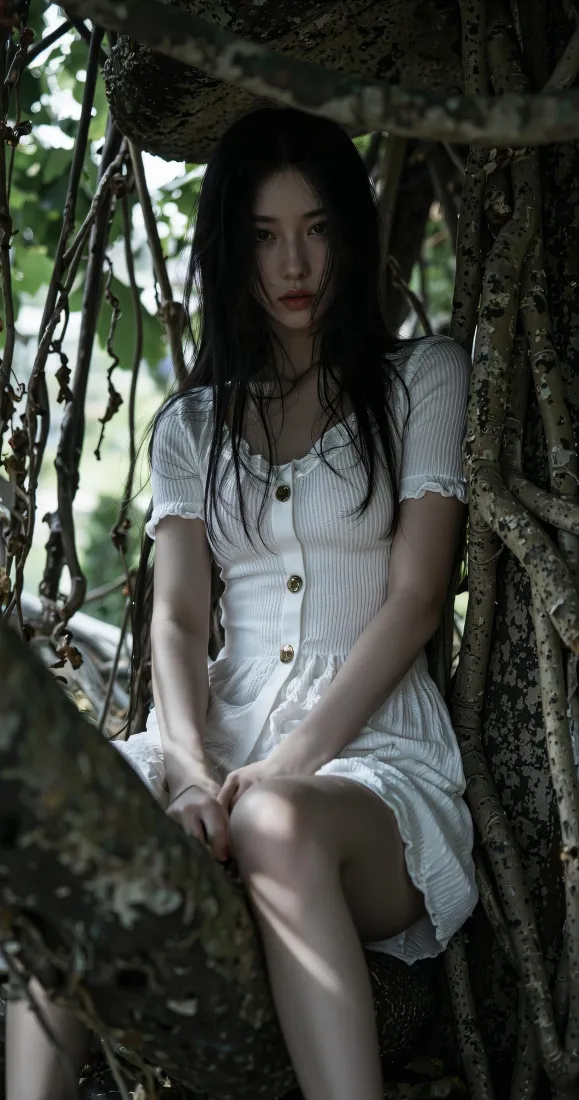白裙美女手机壁纸｜林间树荫背景图片 - 清新氛围感「哲风壁纸」