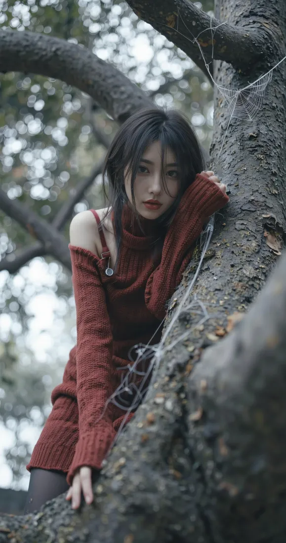 红衣美女手机壁纸｜树林户外背景图片 - 氛围感人像「哲风壁纸」