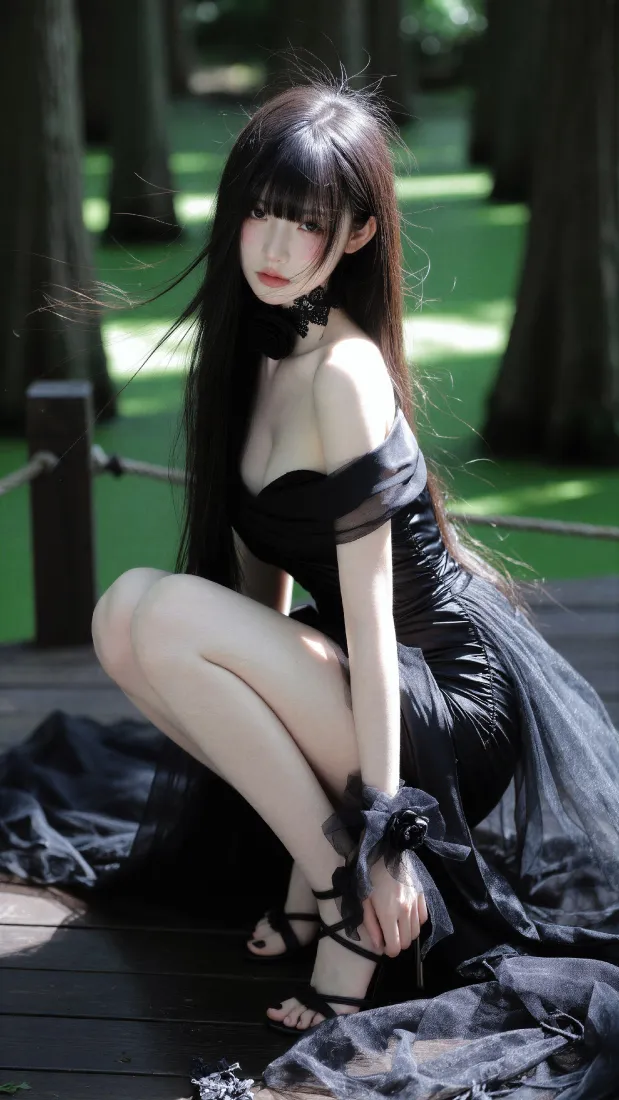 黑裙长发美女手机壁纸｜林间栈道背景图片 - 清冷氛围感写真「哲风壁纸」
