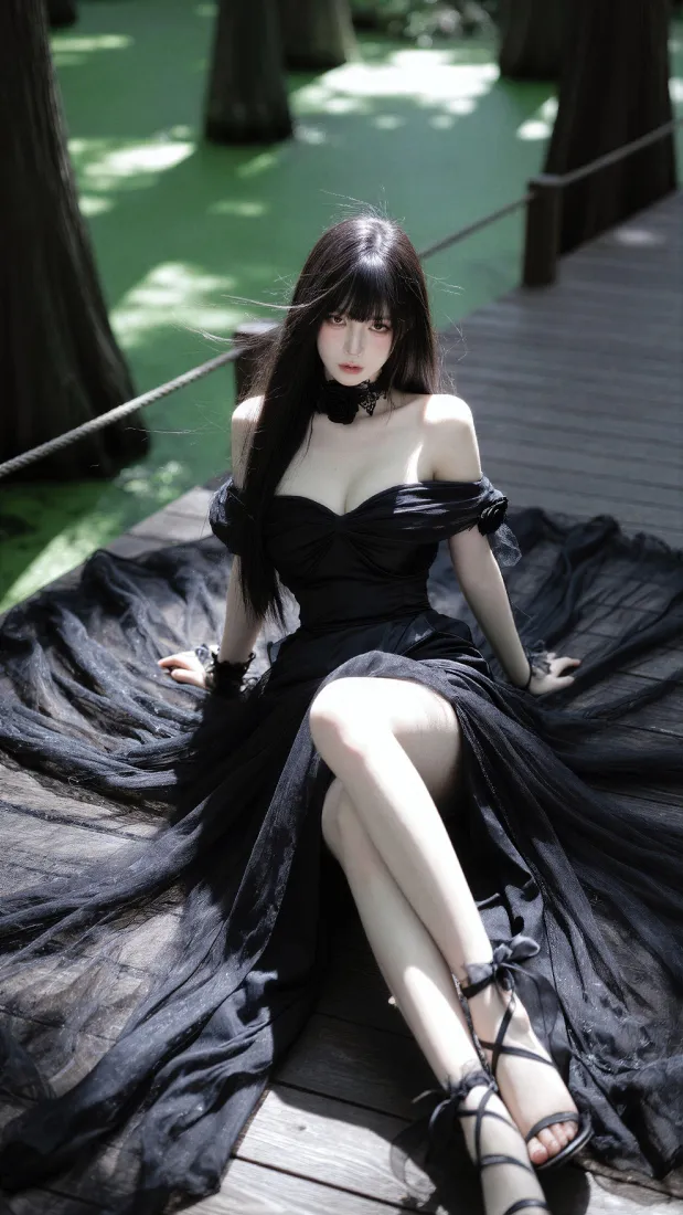黑裙美女手机壁纸｜水上栈道背景图片 - 氛围感写真「哲风壁纸」