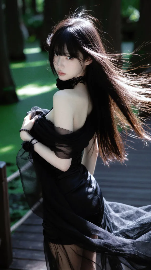 黑裙长发美女手机壁纸｜林间氛围感背景图片 - 清冷人像写真「哲风壁纸」