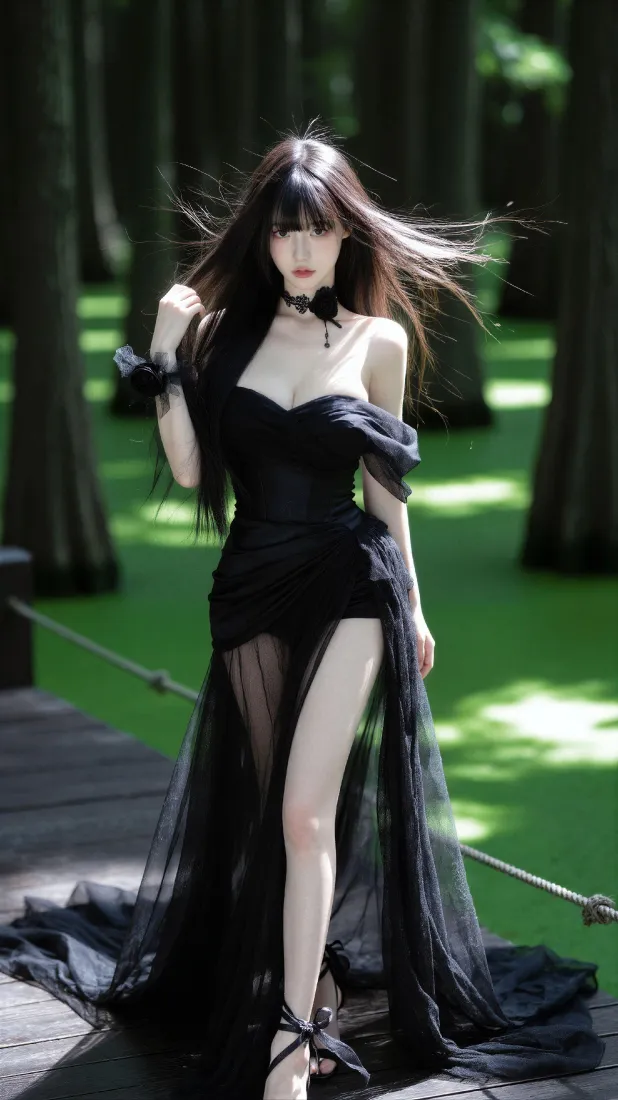 黑裙美女手机壁纸｜森林栈道背景图片 - 性感氛围感写真「哲风壁纸」
