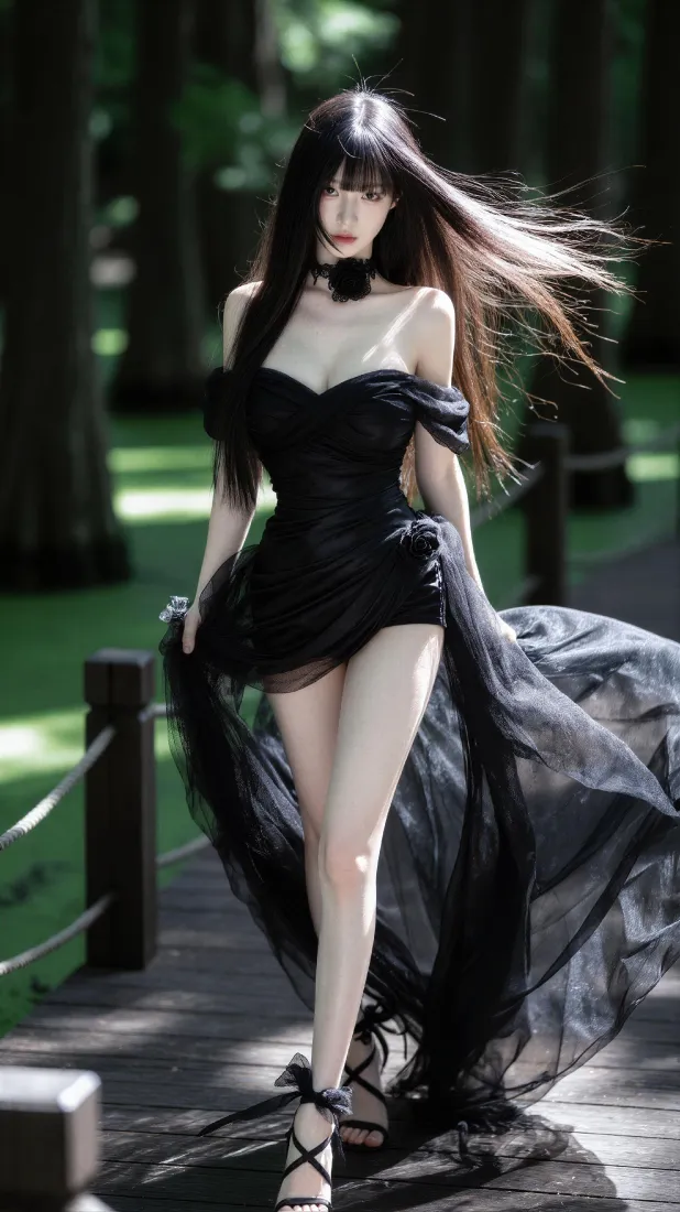 黑裙美女手机壁纸｜森林栈道背景图片 - 户外氛围感写真「哲风壁纸」