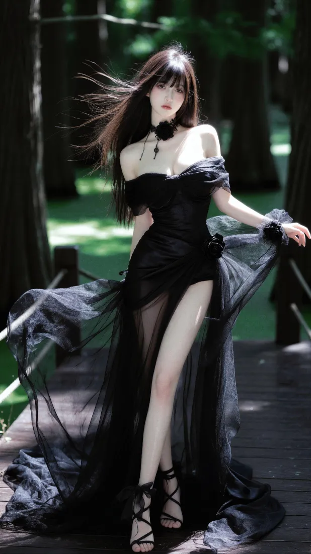 森系黑衣美女手机壁纸｜林间栈道背景图片 - 清冷人像写真「哲风壁纸」