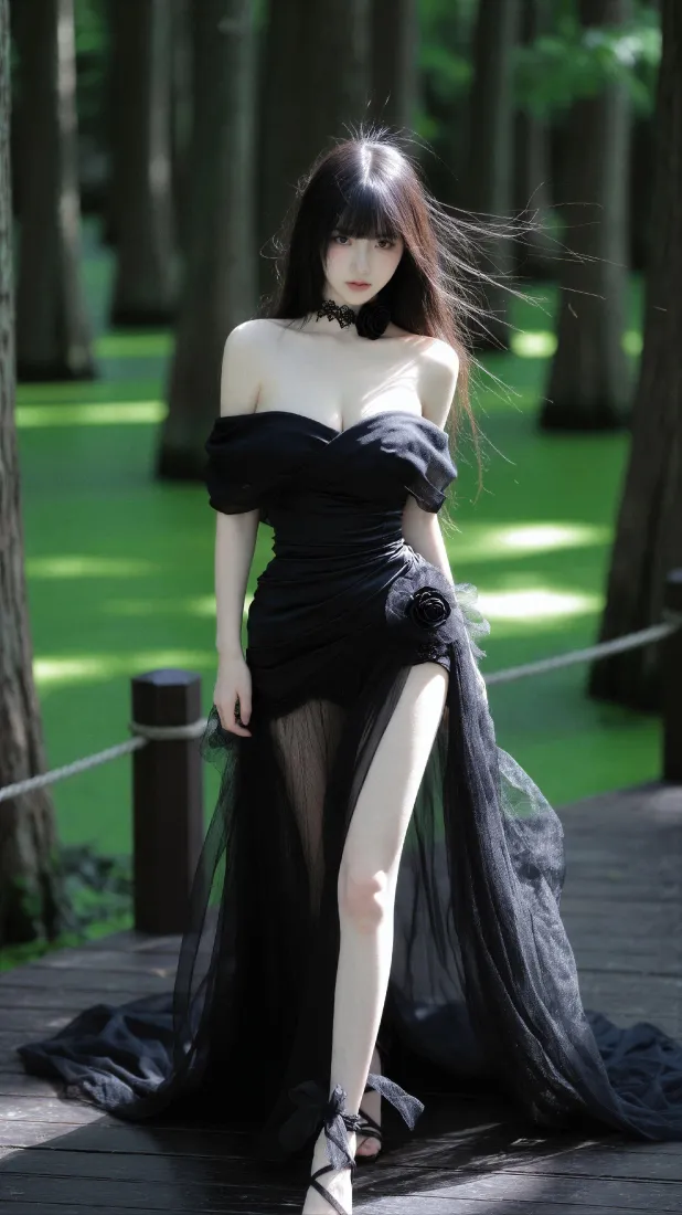 黑裙美女手机壁纸｜森林栈道背景图片 - 高级氛围感写真「哲风壁纸」