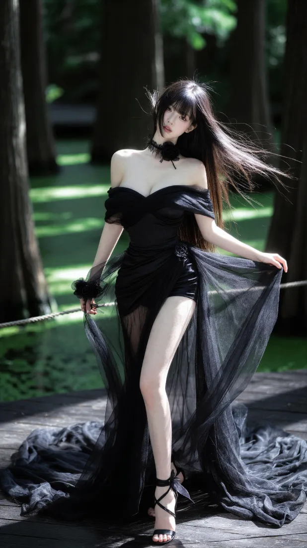 黑裙长发美女手机壁纸｜林间森林背景图片 - 氛围感写真「哲风壁纸」