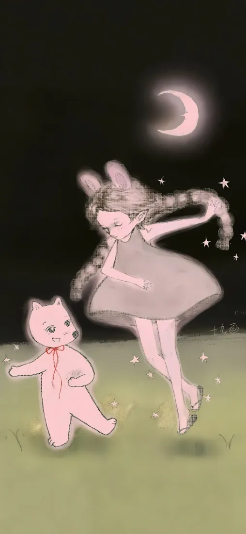 兔耳少女手机壁纸｜夜晚草地背景图片 - 猫咪月牙插画「哲风壁纸」