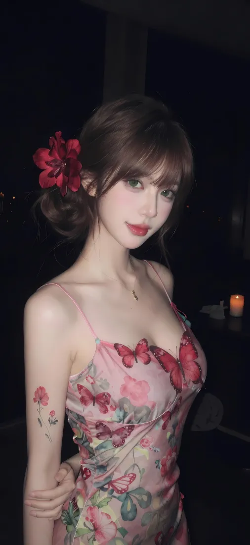 碎花裙美女手机壁纸｜暗调氛围感背景图片 - 红花发饰写真「哲风壁纸」