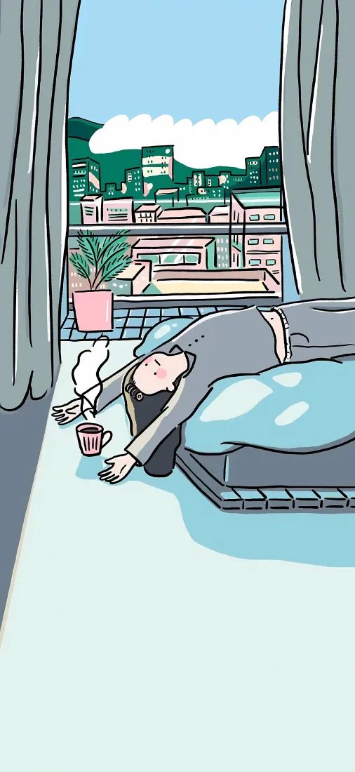 躺平少女手机壁纸｜窗边居家背景图片 - 治愈卡通插画「哲风壁纸」