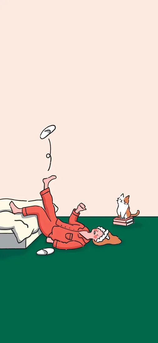 卡通居家少女手机壁纸｜搞怪摔倒背景图片 - 可爱小猫插画「哲风壁纸」