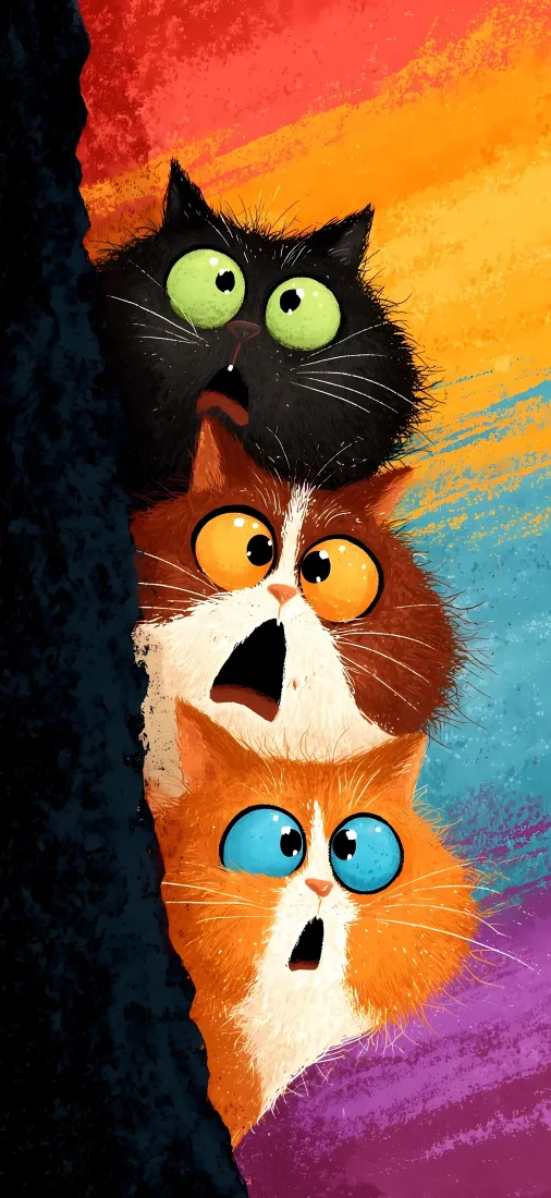 三只小猫手机壁纸｜可爱手绘插画背景图片 - 治愈呆萌「哲风壁纸」