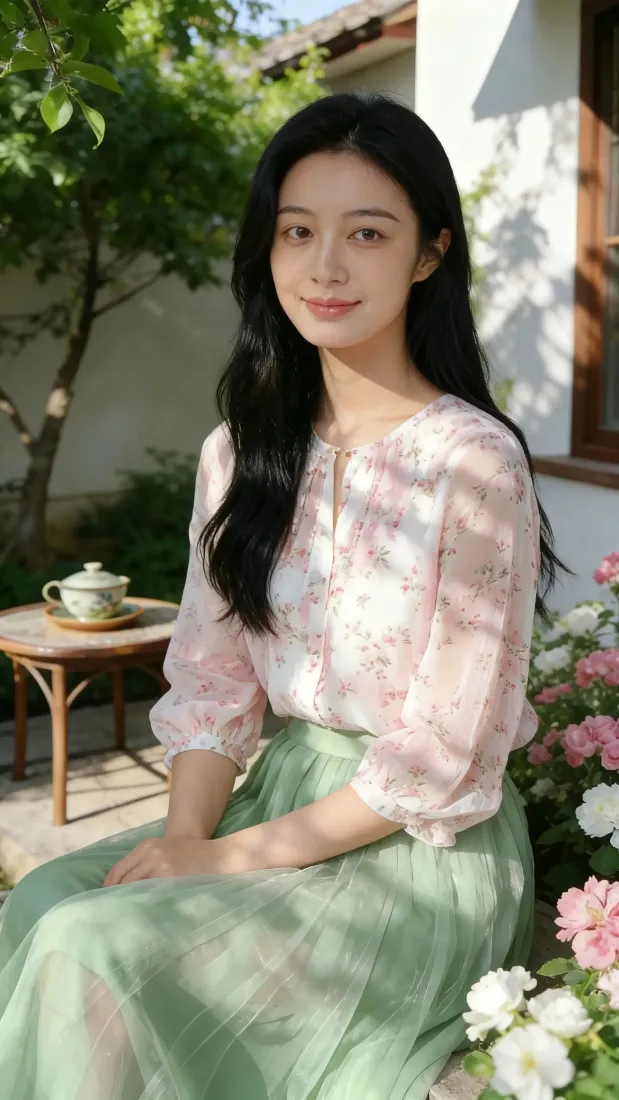 温柔美女手机壁纸｜庭院背景图片 - 粉衬衫绿裙穿搭「哲风壁纸」