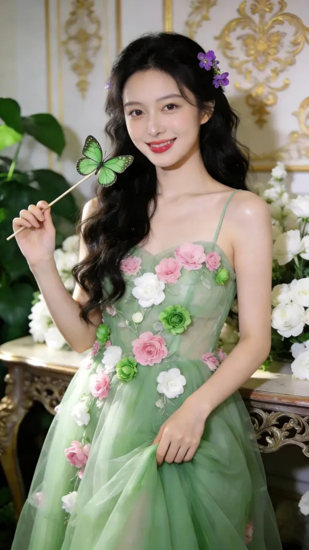 王楚然手机壁纸｜绿裙花饰背景图片 - 清纯少女时尚写真「哲风壁纸」
